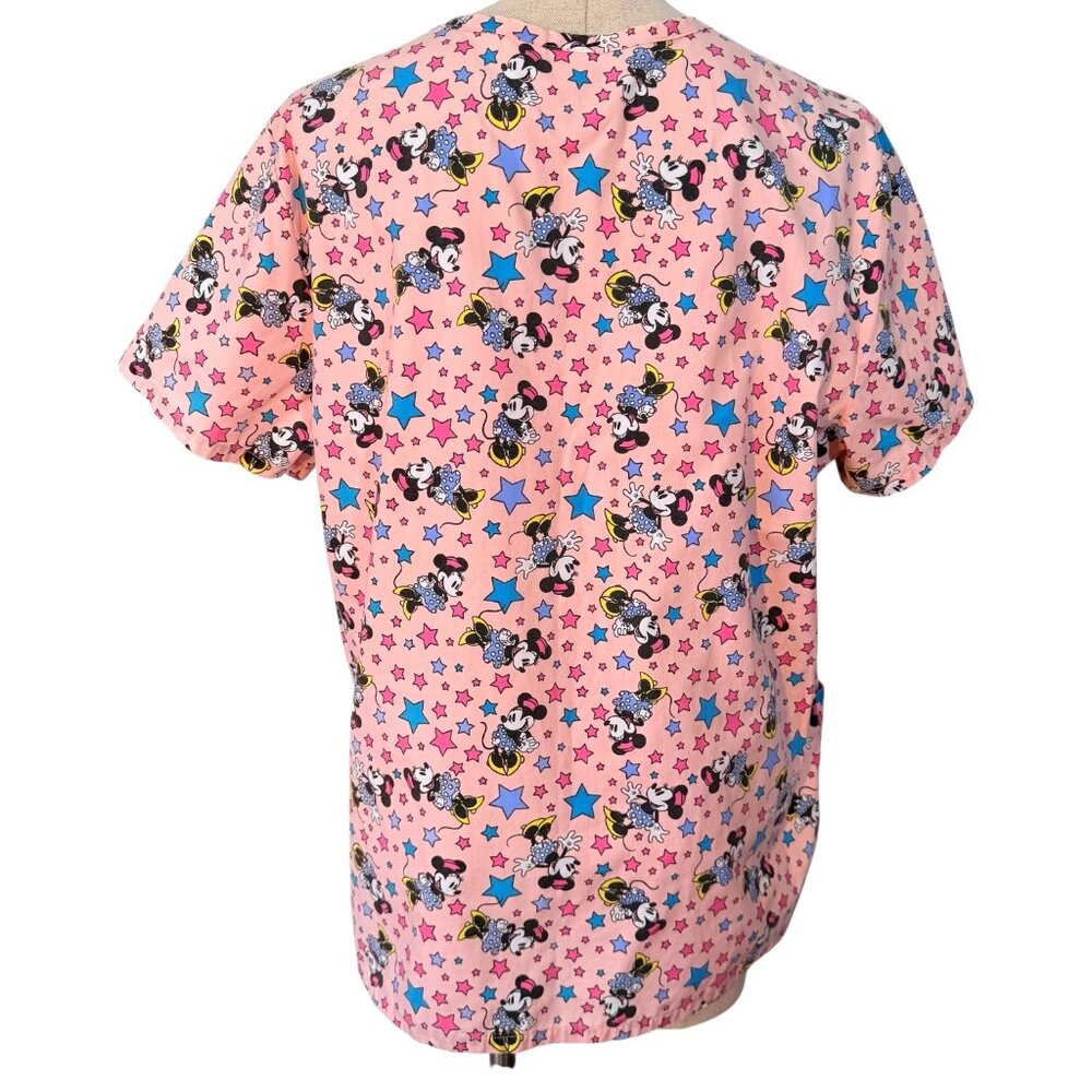 Disney Minnie Mouse Scrub Top Pink Stars V-Neck Medical Nursing Size L Cartoon - Picture 4 of 6